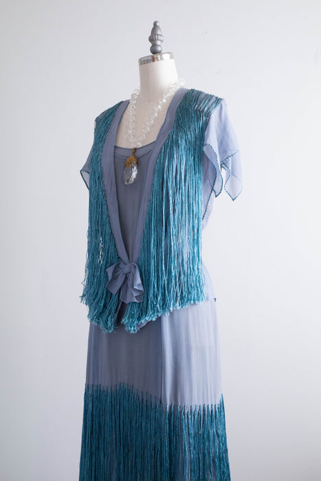 Rare 1920's Silk Chiffon & Fringe French Blue Flapper Dress With Matching Jacket / SM