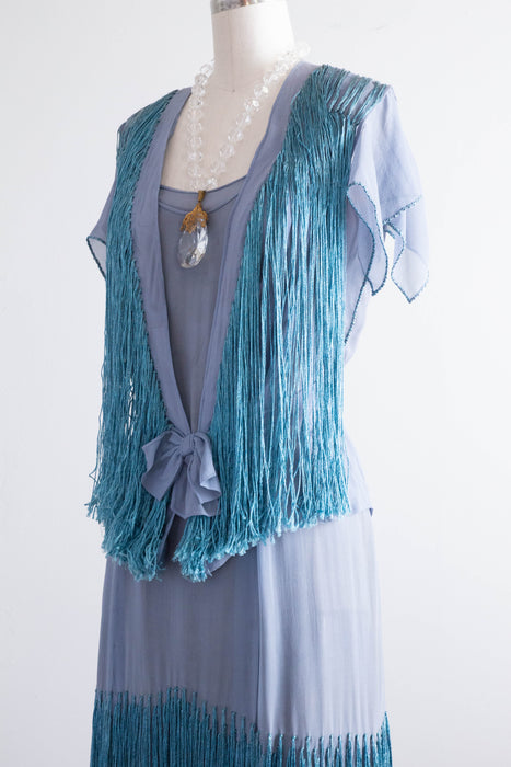 Rare 1920's Silk Chiffon & Fringe French Blue Flapper Dress With Matching Jacket / SM