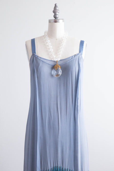 Rare 1920's Silk Chiffon & Fringe French Blue Flapper Dress With Matching Jacket / SM