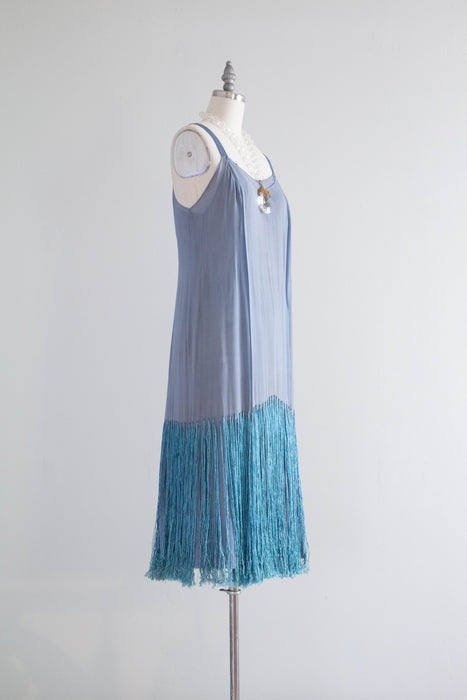 Rare 1920's Silk Chiffon & Fringe French Blue Flapper Dress With Matching Jacket / SM