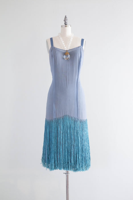 Rare 1920's Silk Chiffon & Fringe French Blue Flapper Dress With Matching Jacket / SM