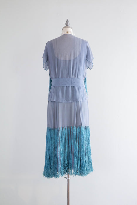 Rare 1920's Silk Chiffon & Fringe French Blue Flapper Dress With Matching Jacket / SM