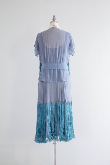 chiffon dress 1920s Rare 1920's Silk Chiffon & Fringe French Blue Flapper Dress With Match – Xtabay Vintage