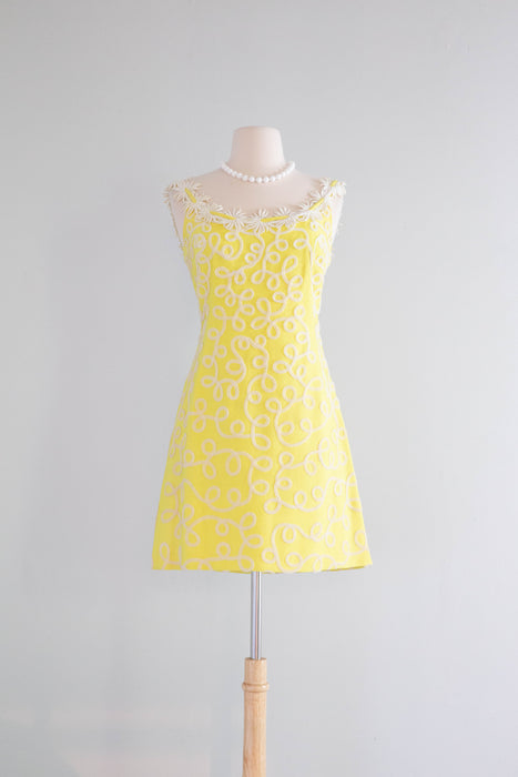 FAB 1960's Lemon Yellow Daisy Chain Mini Dress By Gale Mitchell / SM