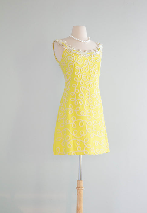 FAB 1960's Lemon Yellow Daisy Chain Mini Dress By Gale Mitchell / SM