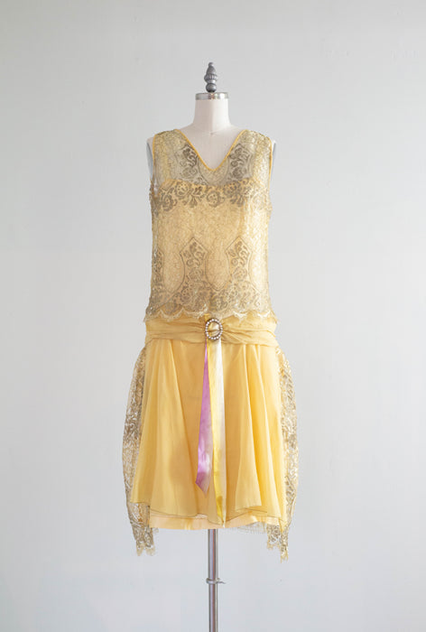 Exquisite 1920's Lemon Chiffon & Metallic Silver Lame' Lace Flapper Dress / SM