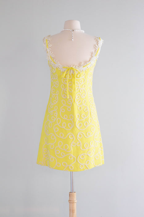 FAB 1960's Lemon Yellow Daisy Chain Mini Dress By Gale Mitchell / SM