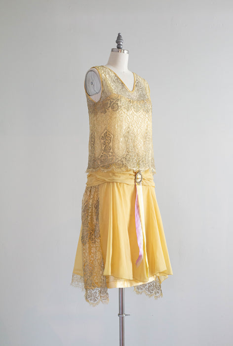 Exquisite 1920's Lemon Chiffon & Metallic Silver Lame' Lace Flapper Dress / SM