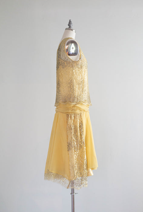 Exquisite 1920's Lemon Chiffon & Metallic Silver Lame' Lace Flapper Dress / SM