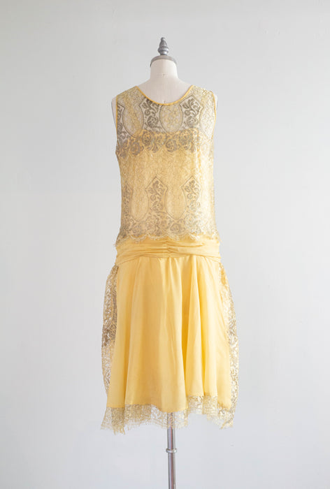 Exquisite 1920's Lemon Chiffon & Metallic Silver Lame' Lace Flapper Dress / SM