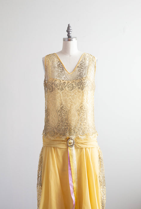 Exquisite 1920's Lemon Chiffon & Metallic Silver Lame' Lace Flapper Dress / SM