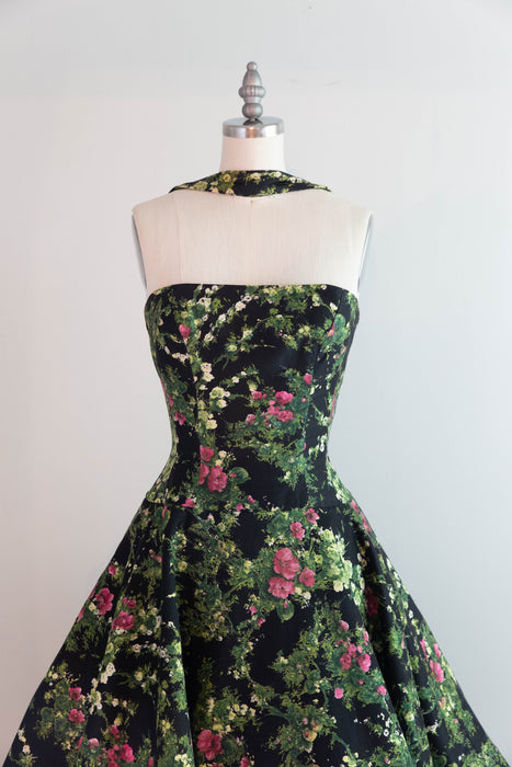 Fabulous 1950's Estevez Polished Cotton Floral Print Party Dress / XS