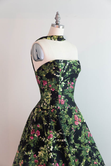 Fabulous 1950's Estevez Polished Cotton Floral Print Party Dress / XS