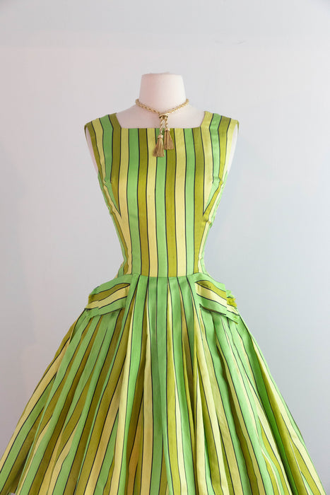 Rare Early 1960's Arnold Scaasi Couture Lime Citrus Striped Party Dress / Small