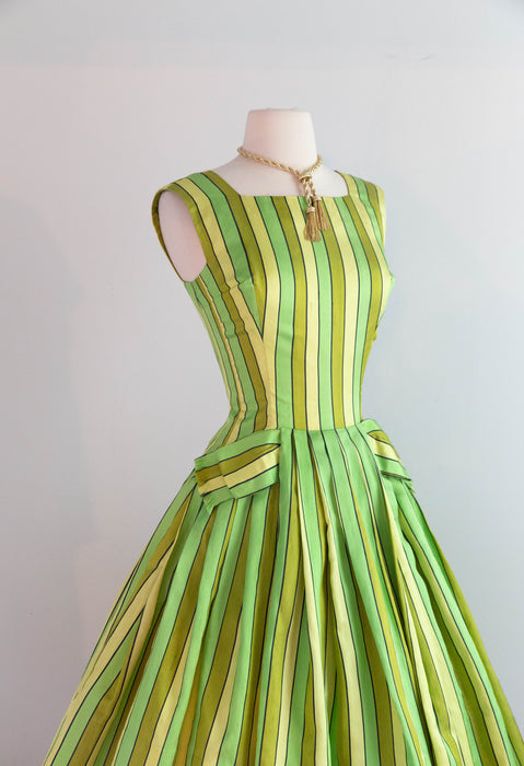 Rare Early 1960's Arnold Scaasi Couture Lime Citrus Striped Party Dress / Small