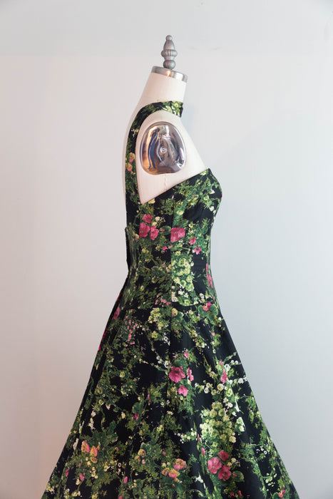 Fabulous 1950's Estevez Polished Cotton Floral Print Party Dress / XS