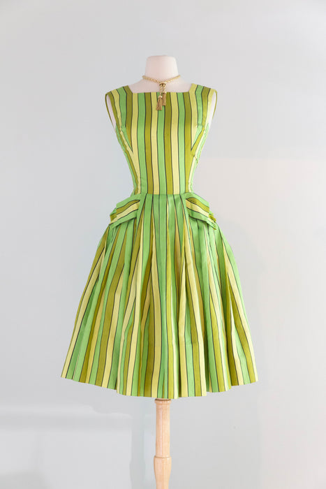 Rare Early 1960's Arnold Scaasi Couture Lime Citrus Striped Party Dress / Small