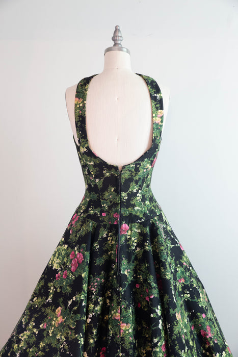 Fabulous 1950's Estevez Polished Cotton Floral Print Party Dress / XS