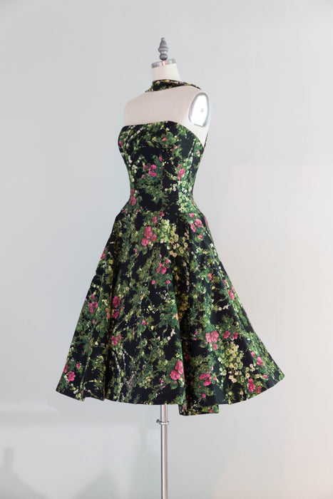 Fabulous 1950's Estevez Polished Cotton Floral Print Party Dress / XS