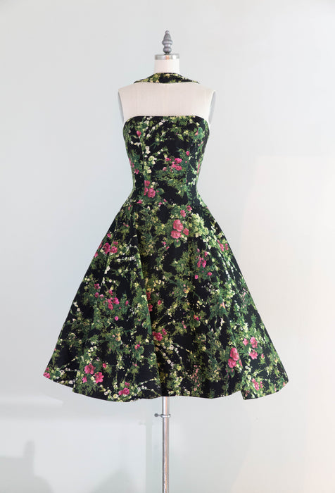 Fabulous 1950's Estevez Polished Cotton Floral Print Party Dress / XS