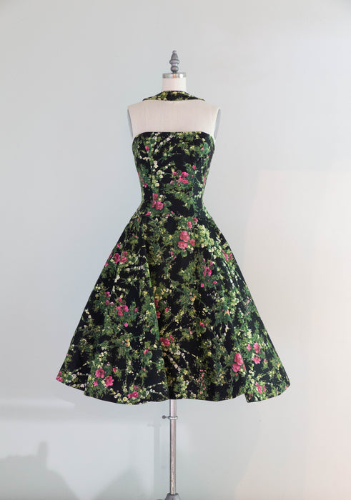 Fabulous 1950's Estevez Polished Cotton Floral Print Party Dress / XS