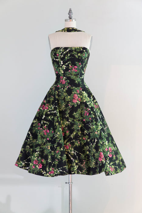 Fabulous 1950's Estevez Polished Cotton Floral Print Party Dress / XS