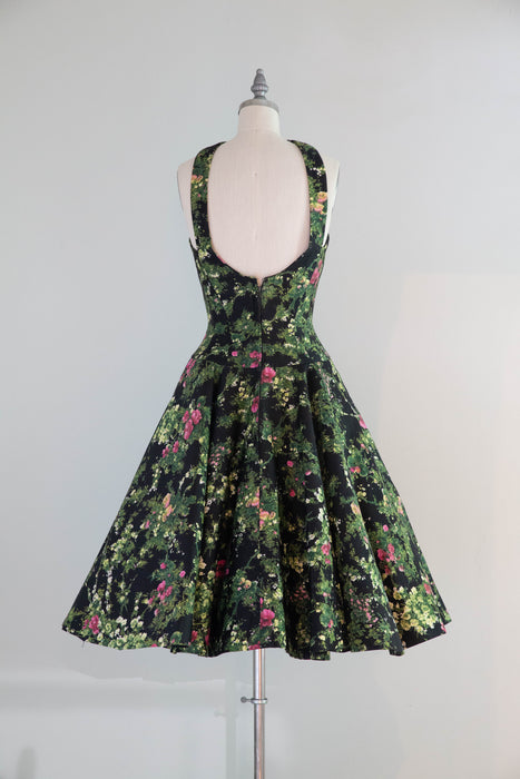 Fabulous 1950's Estevez Polished Cotton Floral Print Party Dress / XS