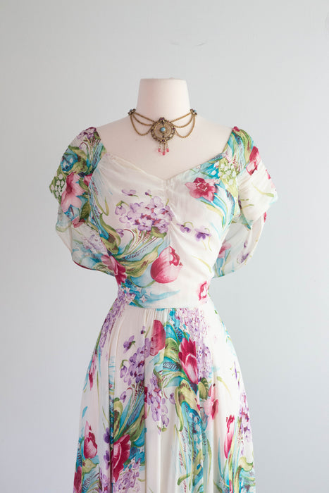 Gorgeous 1940's Floral Chiffon Evening Gown With Full Skirt & Draped Back / Medium