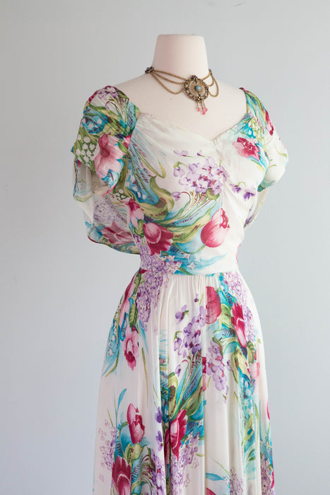 Gorgeous 1940's Floral Chiffon Evening Gown With Full Skirt & Draped Back / Medium