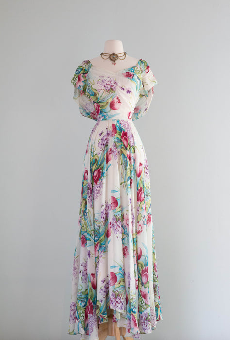 Gorgeous 1940's Floral Chiffon Evening Gown With Full Skirt & Draped Back / Medium