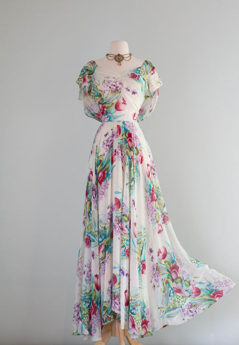 Gorgeous 1940's Floral Chiffon Evening Gown With Full Skirt & Draped Back / Medium