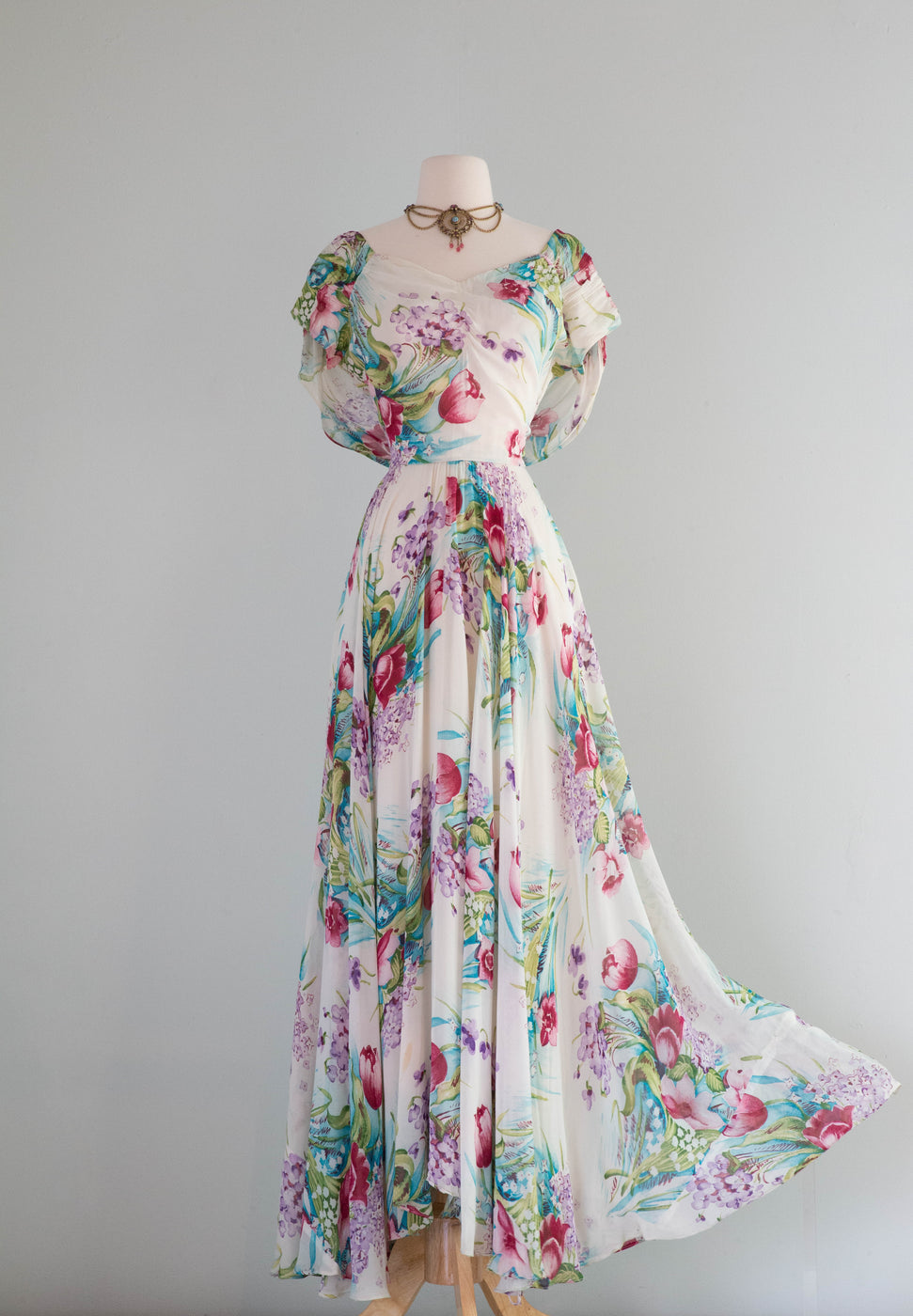 Late 1940s Sequin & Floral Print Cotton Voile Tiered Skirt Dress