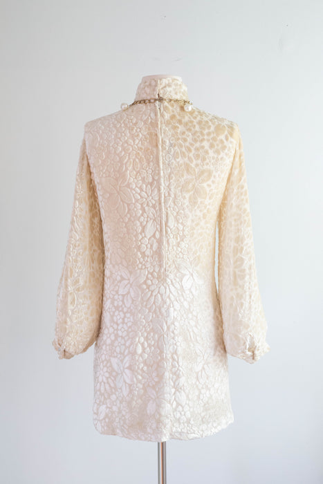 Fabulous & Rare 1960's Rudi Gernreich Golden Ivory Devore' Silk Velvet Mini Dress / S