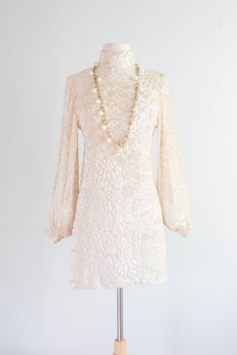 Fabulous & Rare 1960's Rudi Gernreich Golden Ivory Devore' Silk Velvet Mini Dress / S