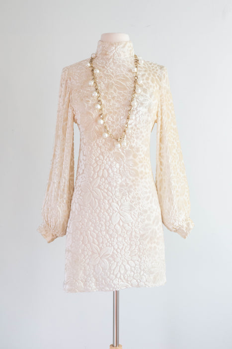 Fabulous & Rare 1960's Rudi Gernreich Golden Ivory Devore' Silk Velvet Mini Dress / S