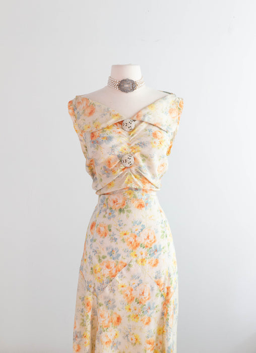 Exquisite 1930's Summer Floral Print Bias Cut Formal Gown With Deco Rhinestone Buttons / M