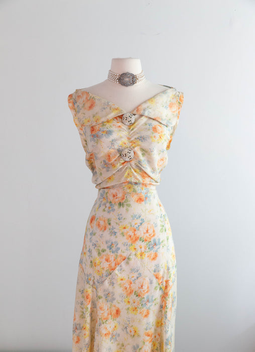 Exquisite 1930's Summer Floral Print Bias Cut Formal Gown With Deco Rhinestone Buttons / M