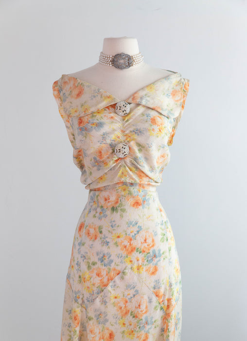 Exquisite 1930's Summer Floral Print Bias Cut Formal Gown With Deco Rhinestone Buttons / M