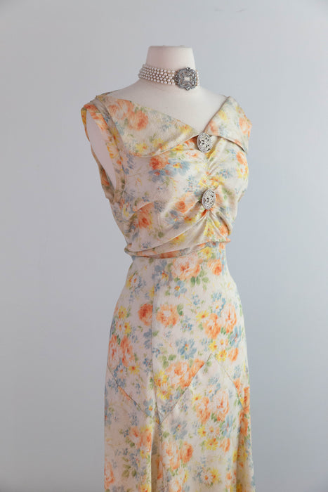 Exquisite 1930's Summer Floral Print Bias Cut Formal Gown With Deco Rhinestone Buttons / M