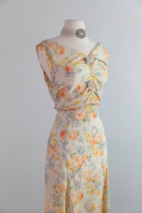 Exquisite 1930's Summer Floral Print Bias Cut Formal Gown With Deco Rhinestone Buttons / M