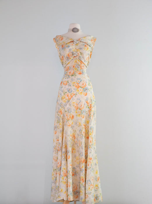 Exquisite 1930's Summer Floral Print Bias Cut Formal Gown With Deco Rhinestone Buttons / M