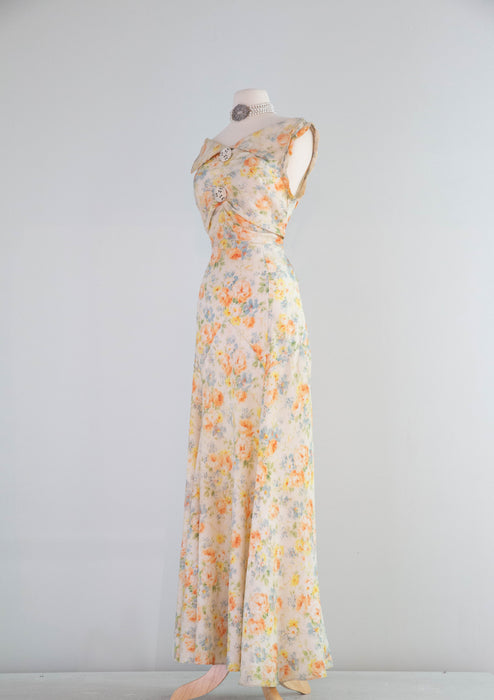 Exquisite 1930's Summer Floral Print Bias Cut Formal Gown With Deco Rhinestone Buttons / M