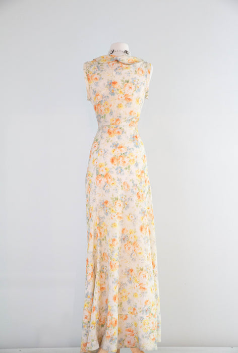 Exquisite 1930's Summer Floral Print Bias Cut Formal Gown With Deco Rhinestone Buttons / M