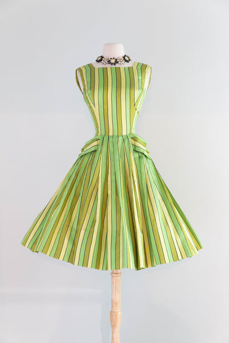 Rare Early 1960's Arnold Scaasi Couture Lime Citrus Striped Party Dress / Small