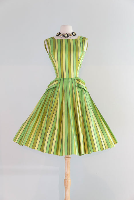 Rare Early 1960's Arnold Scaasi Couture Lime Citrus Striped Party Dress / Small