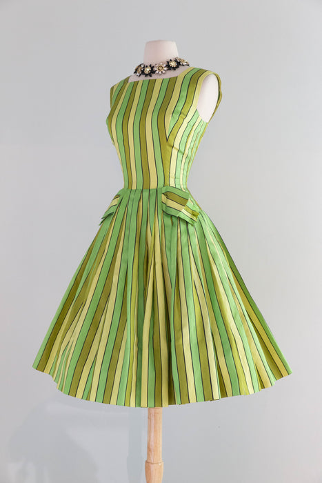 Rare Early 1960's Arnold Scaasi Couture Lime Citrus Striped Party Dress / Small