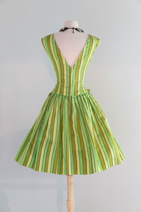 Rare Early 1960's Arnold Scaasi Couture Lime Citrus Striped Party Dress / Small