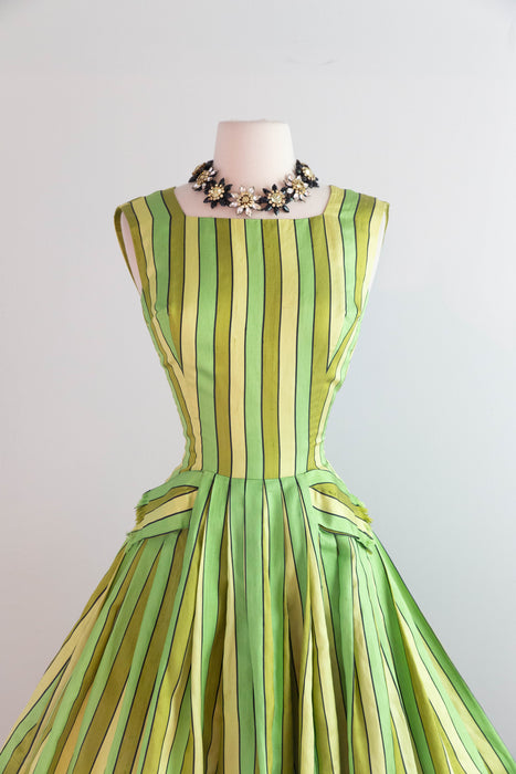 Rare Early 1960's Arnold Scaasi Couture Lime Citrus Striped Party Dress / Small