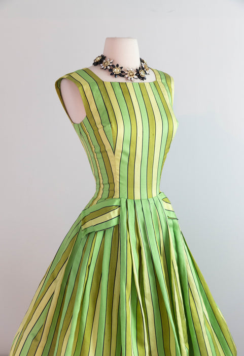 Rare Early 1960's Arnold Scaasi Couture Lime Citrus Striped Party Dress / Small