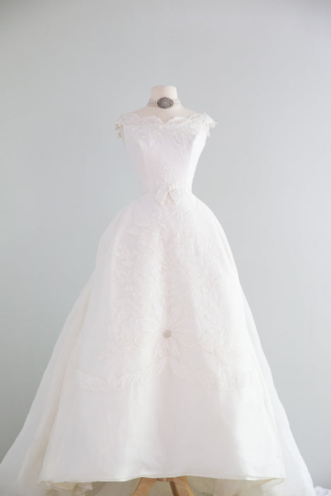 Late 1950's Marie Antoinette Wedding Gown With Floral Lace with Bows / S